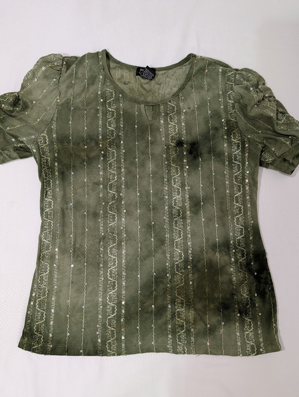 Shannon Ford New York Embellished Puff Sleeve Top Women's M Green Sequin